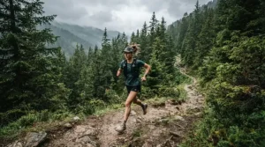 A trail runner wearing rugged men's running tights navigating a rocky path in the mountains.