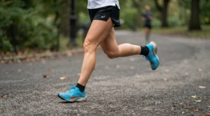 Athlete demonstrating high stride freedom in men's split running shorts for track and race day