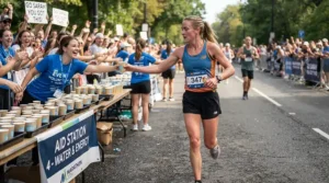 Runner grabbing a cup of water wearing men's split running shorts for track and race day