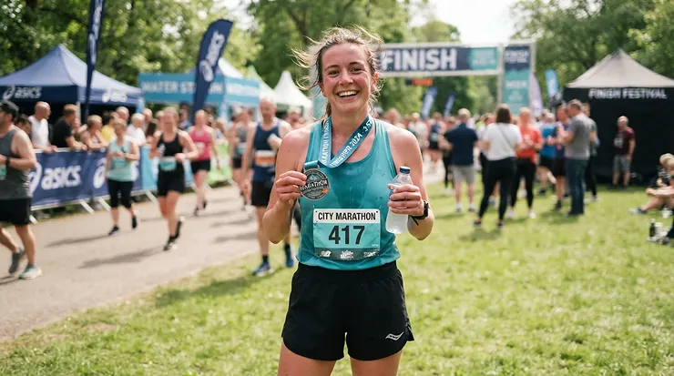 Runner celebrating a personal record wearing men's split running shorts for track and race day