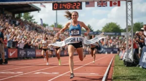 Sprinter in men's split running shorts for track and race day crossing the finish line with arms raised