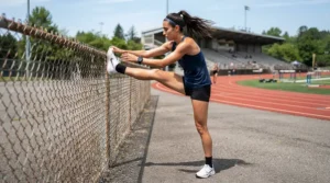 Runner performing dynamic stretches in men's split running shorts for track and race day