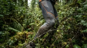 Close-up of snag-resistant men's trail running shorts for rough terrain brushing against thick thorny bushes in the wilderness.
