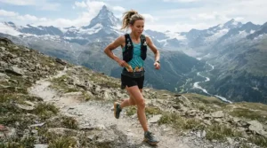 Runner grabbing an energy gel from the waistband of men's trail running shorts for rough terrain on a mountain trail.