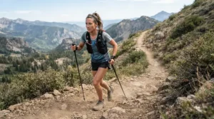 A trail runner wearing a hydration pack and men's trail running shorts for rough terrain ascending a steep dirt switchback.