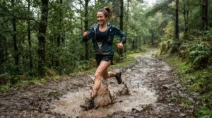 Running through muddy puddles wearing durable men's trail running shorts for rough terrain in a rainy forest.