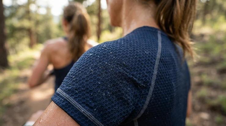 Detailed view of the ripstop fabric on men's trail running shorts for rough terrain during an outdoor endurance workout.