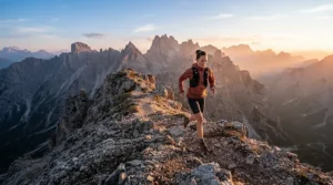 A runner wearing men's trail running shorts for rough terrain while navigating a steep, boulder-strewn mountain ridge during sunrise.