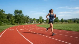 A jogger pacing around a rubber high school running track in supportive running shoes for bad knees.