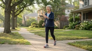 An active senior wearing supportive running shoes for bad knees while taking a morning neighborhood walk.
