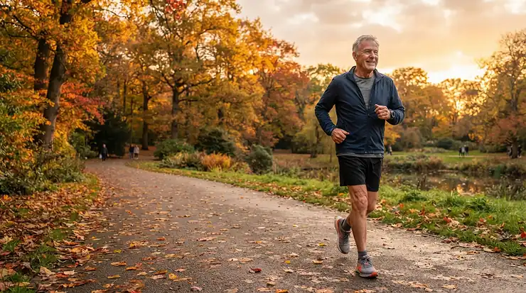 A mature runner testing out running shoes for bad knees on a paved park trail during golden hour.