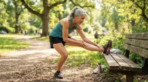 An older runner lacing up specialized running shoes for bad knees before a stretching routine outdoors.