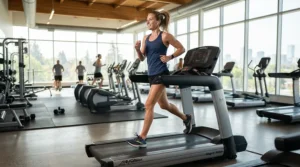 A runner using a gym treadmill while wearing shock-absorbing running shoes for bad knees.